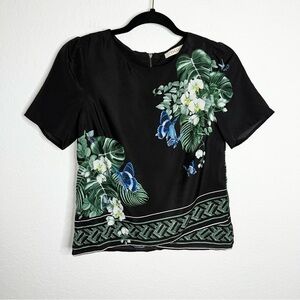 Oasis Top Women Size 8 Blouse Shirt Medium Black Butterfly Floral Tropical EE